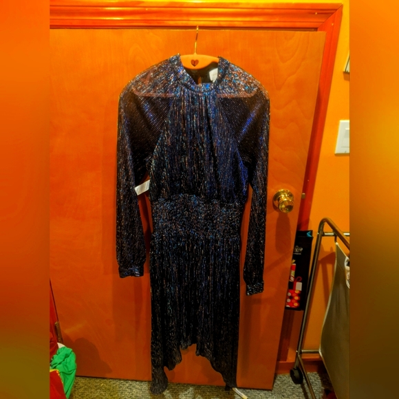 Foxiedox Women’s Dress Size Medium High Neck Long Sleeves Metallic Shift Stretch - Picture 2 of 5